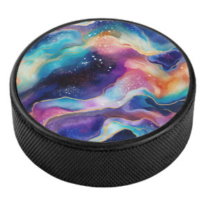 Colorful Rainbow Glitter Agate Pattern Monogram Hockey Puck