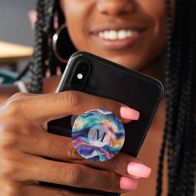 Colorful rainbow glitter agate texture monogram PopSocket (Creator Uploaded)