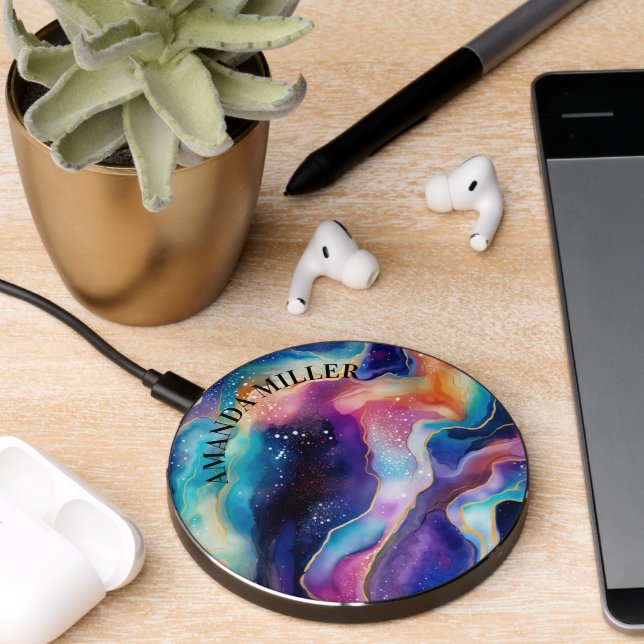 Colorful rainbow glitter agate texture monogram wireless charger  (Desk 2)