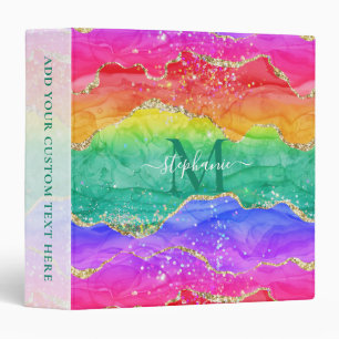 Colorful Rainbow Glitter Gold Agate Monogram 3 Ring Binder