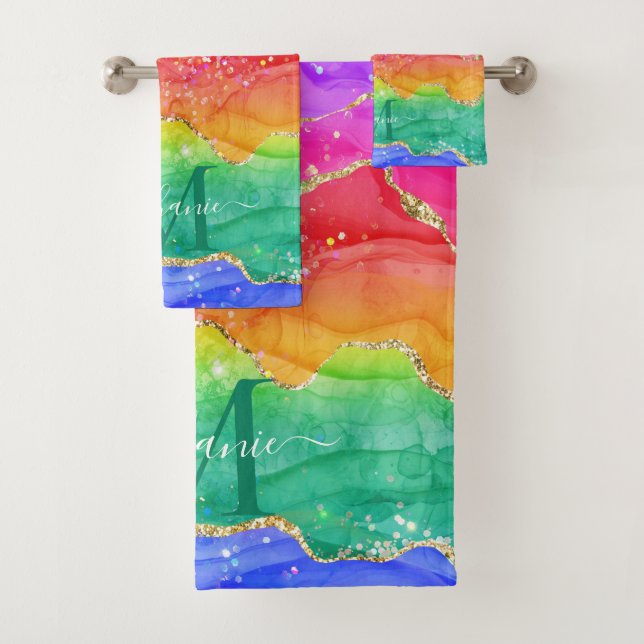 Colorful Rainbow Glitter Gold Agate Monogram Bath Towel Set (Insitu)