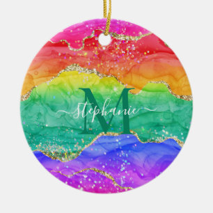 Colorful Rainbow Glitter Gold Agate Monogram Ceramic Ornament
