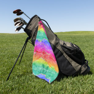 Colorful Rainbow Glitter Gold Agate Monogram Golf Towel