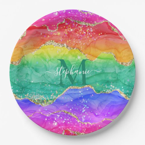 Colorful Rainbow Glitter Gold Agate Monogram Paper Plates