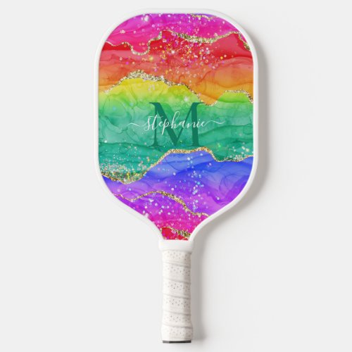 Colorful Rainbow Glitter Gold Agate Monogram Pickleball Paddle