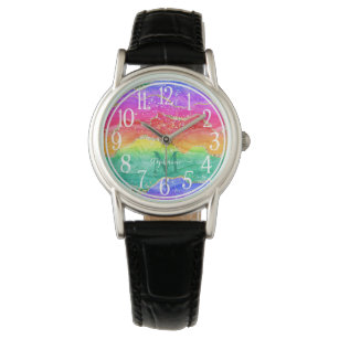 Colorful Rainbow Glitter Gold Agate Monogram Watch