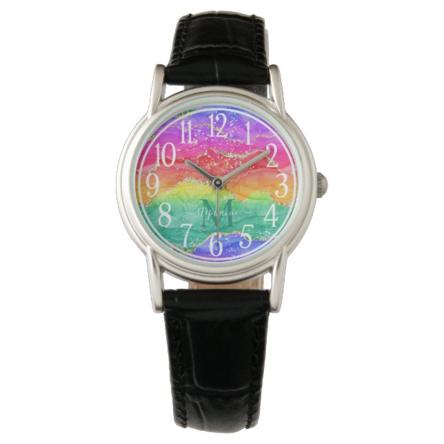 Colorful Rainbow Glitter Gold Agate Monogram Watch (Front)
