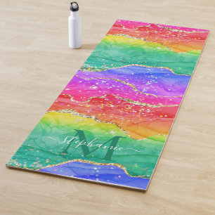 Colorful Rainbow Glitter Gold Agate Monogram Yoga Mat