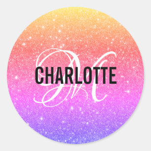 Colorful Rainbow Glitter Monogram Name Classic Round Sticker