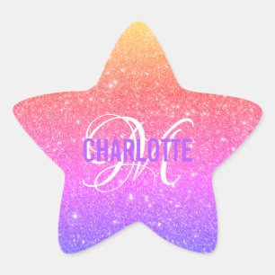 Colorful Rainbow Glitter Monogram Name  Star Sticker