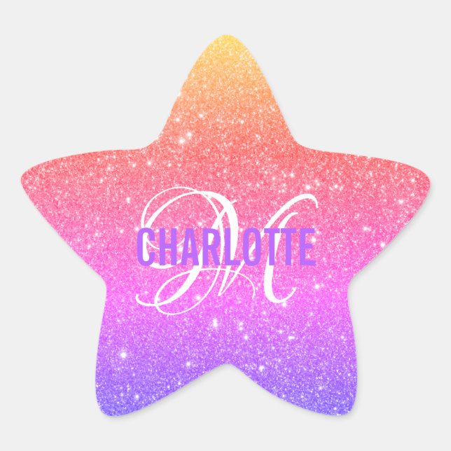 Colorful Rainbow Glitter Monogram Name  Star Sticker (Front)