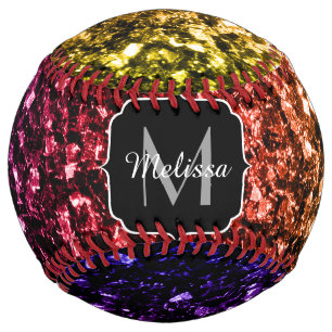 Colorful Rainbow glitter sparkle Monogram name Softball