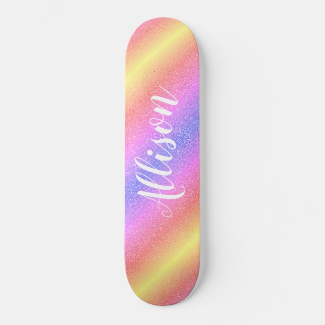 Colorful Rainbow Glitter Stripes Personalized Kids Skateboard (Front)