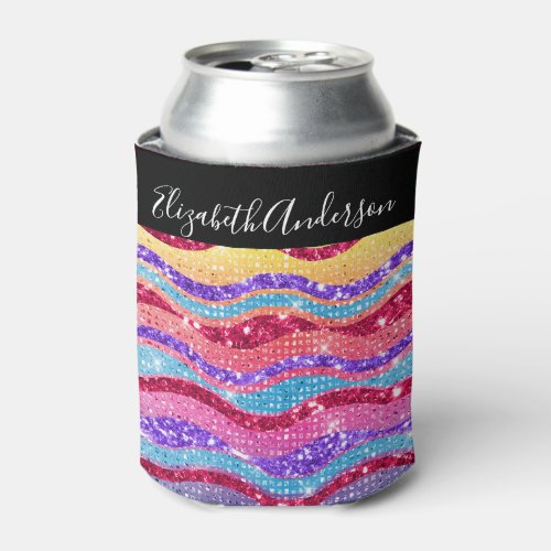 Colorful Rainbow Glitter Waves Personalized Can Cooler