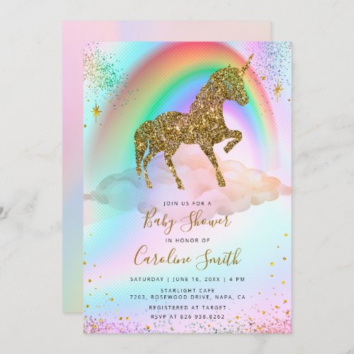 Colorful Rainbow Gold Glitter Unicorn Baby Shower Invitation