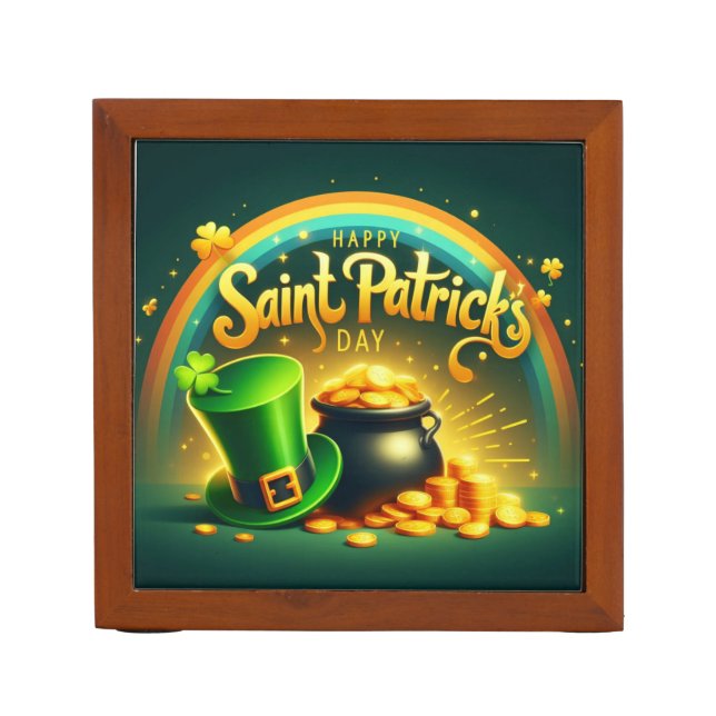 Colorful rainbow gold Saint Patrick's Day Desk Organizer (Front)