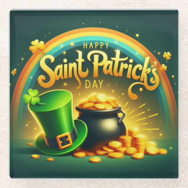 Colorful rainbow gold Saint Patrick's Day Glass Coaster (Front)