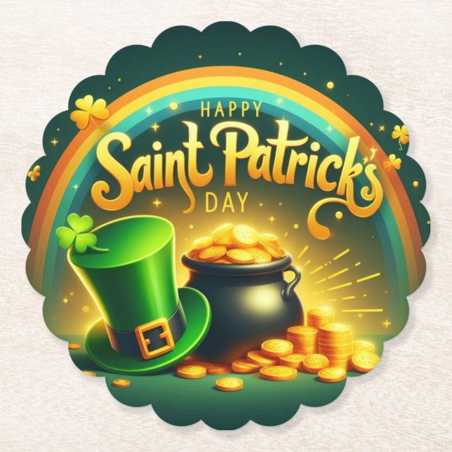 Colorful rainbow gold Saint Patrick's Day Paper Coaster (Front)