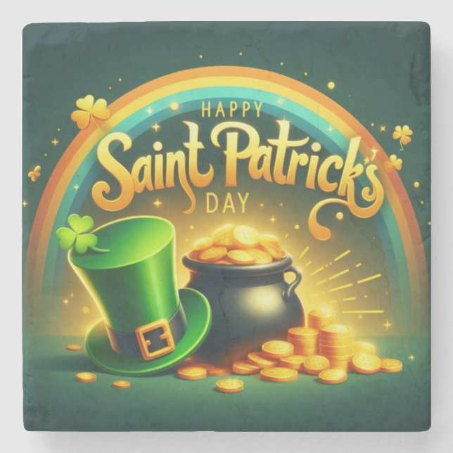 Colorful rainbow gold Saint Patrick's Day Stone Coaster (Front)