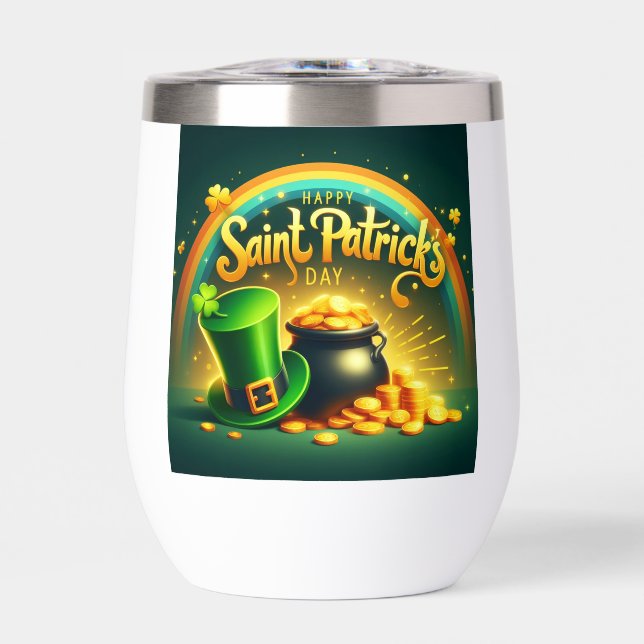 Colorful rainbow gold Saint Patrick's Day Thermal Wine Tumbler (Front)