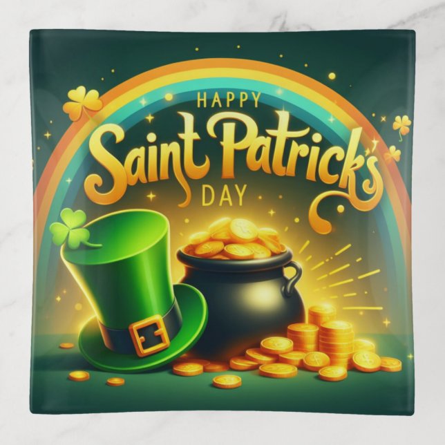 Colorful rainbow gold Saint Patrick's Day Trinket Tray (Front)