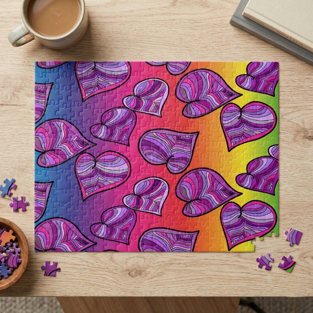 Colorful Rainbow Gradient Purple Doodle Hearts Jigsaw Puzzle (Creator Uploaded)