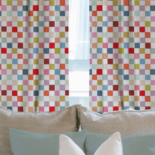 Colorful Rainbow Hand-Drawn Checkered Plaid Sheer Curtains