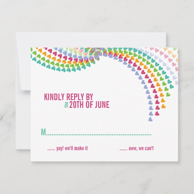 Colorful Rainbow Heart Sprinkles Wedding RSVP Card (Front)