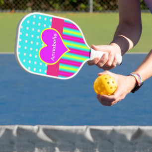 Colorful Rainbow Heart Striped Polka Dots Pickleball Paddle