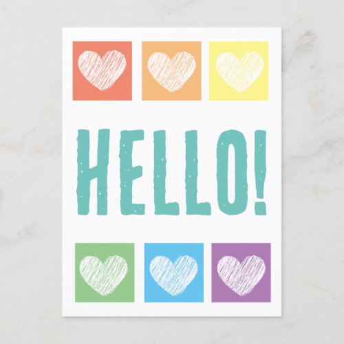 Colorful Rainbow Heart Typography Hello  Postcard