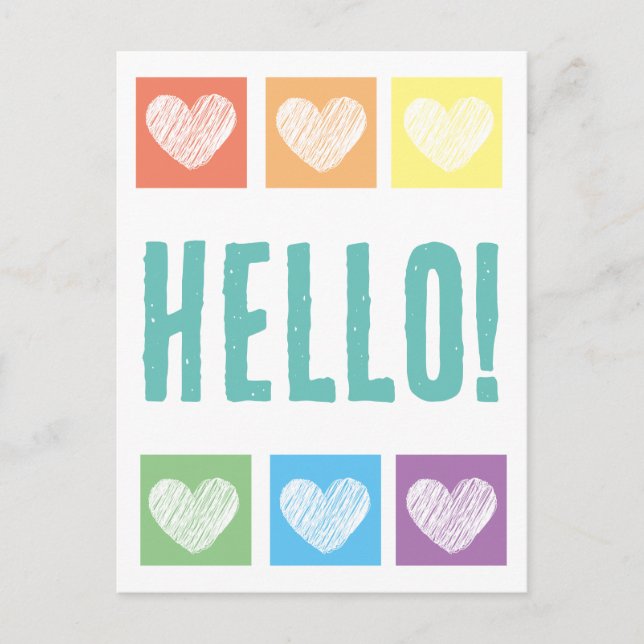 Colorful Rainbow Heart Typography Hello  Postcard (Front)