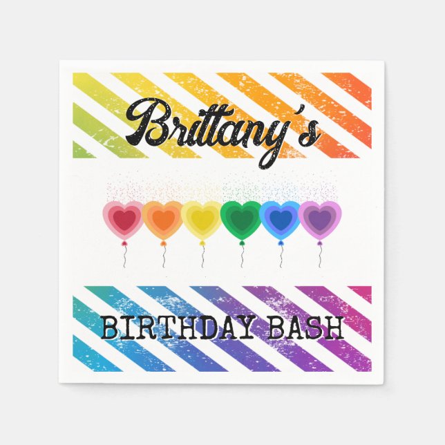 Colorful Rainbow Hearts Balloons Name Birthday Napkins (Front)