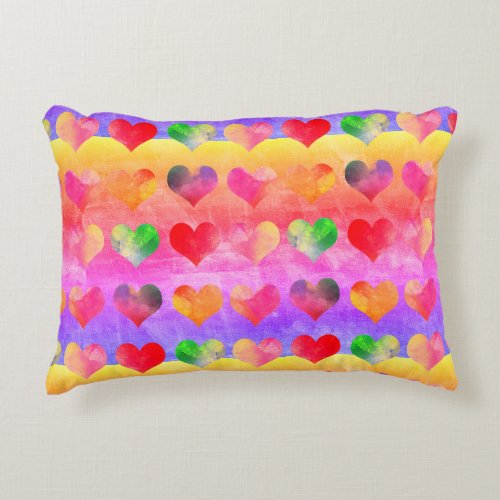 Colorful Rainbow Hearts Boho Art Accent Pillow