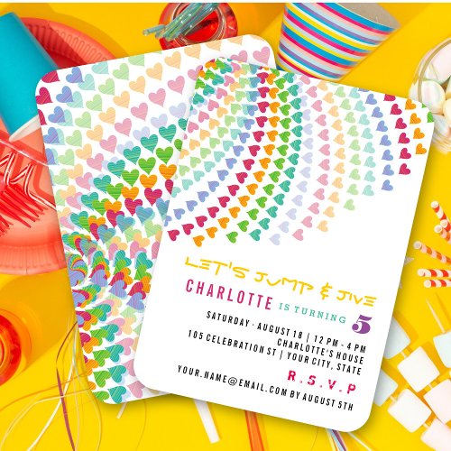 Colorful Rainbow Hearts Fun Kids Birthday Party Invitation