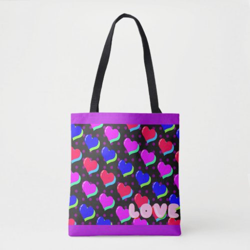 Colorful Rainbow Hearts on Black Cartoon Tote Bag