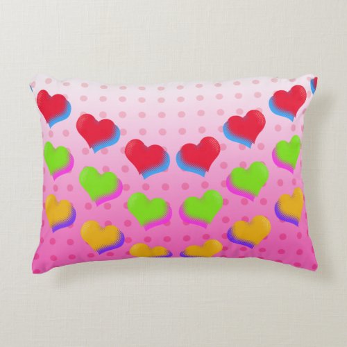 Colorful Rainbow Hearts on Pink Cartoon Pattern Accent Pillow
