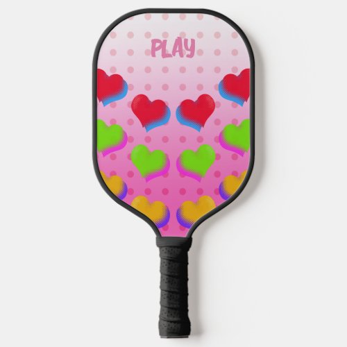 Colorful Rainbow Hearts on Pink Cartoon Pattern Pickleball Paddle