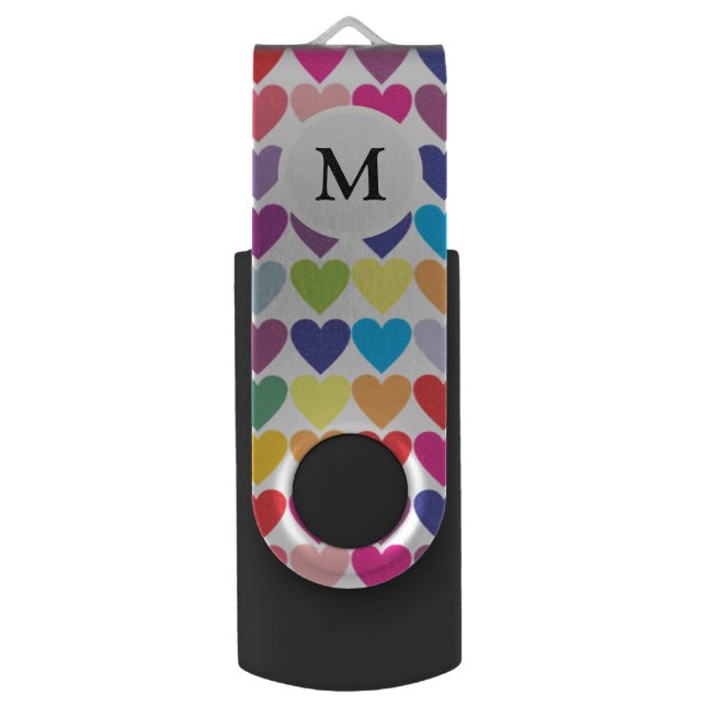 Colorful Rainbow Hearts Pattern Monogram Flash Drive (Front Vertical)