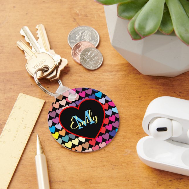 Colorful Rainbow Hearts Pattern Personalised Keychain (Desk)