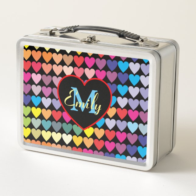 Colorful Rainbow Hearts Pattern Personalised  Metal Lunch Box (Front)