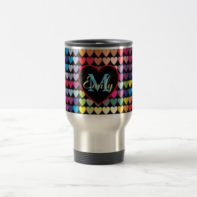 Colorful Rainbow Hearts Pattern Personalised Travel Mug (Center)