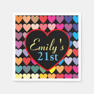 Colorful Rainbow Hearts Personalised 21st Napkins