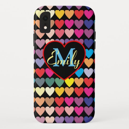 Colorful Rainbow Hearts Personalised iPhone XR Case