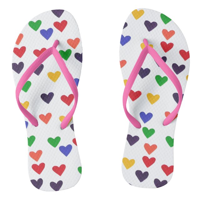 Colorful Rainbow Hearts Pink Strap Flipflops (Footbed)