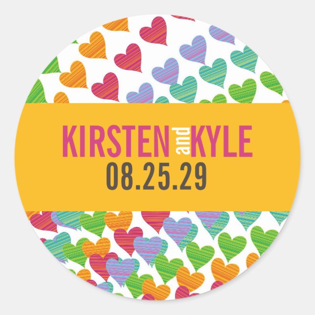 Colorful Rainbow Hearts Sprinkles Wedding Stickers (Front)