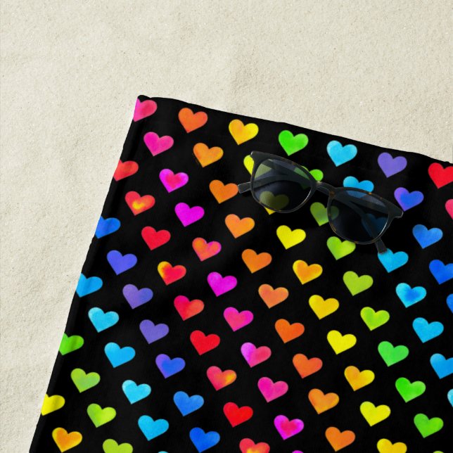 Colorful Rainbow Hearts Stripe Pattern Beach Towel (In Situ)