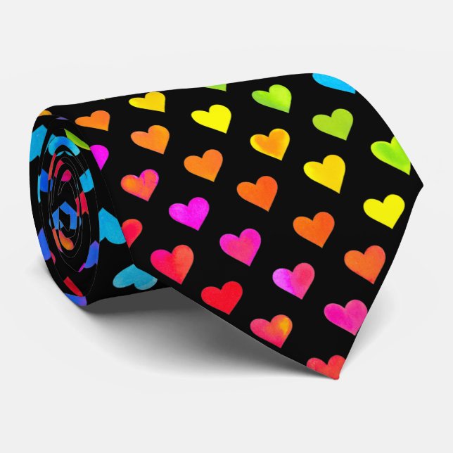 Colorful Rainbow Hearts Stripe Pattern Neck Tie (Rolled)
