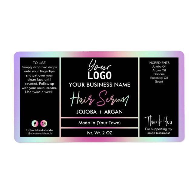 Colorful Rainbow Holographic Hair Serum Labels (Front)