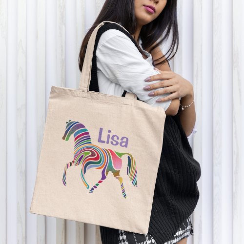 Colorful Rainbow Horse Monogram Tote Bag