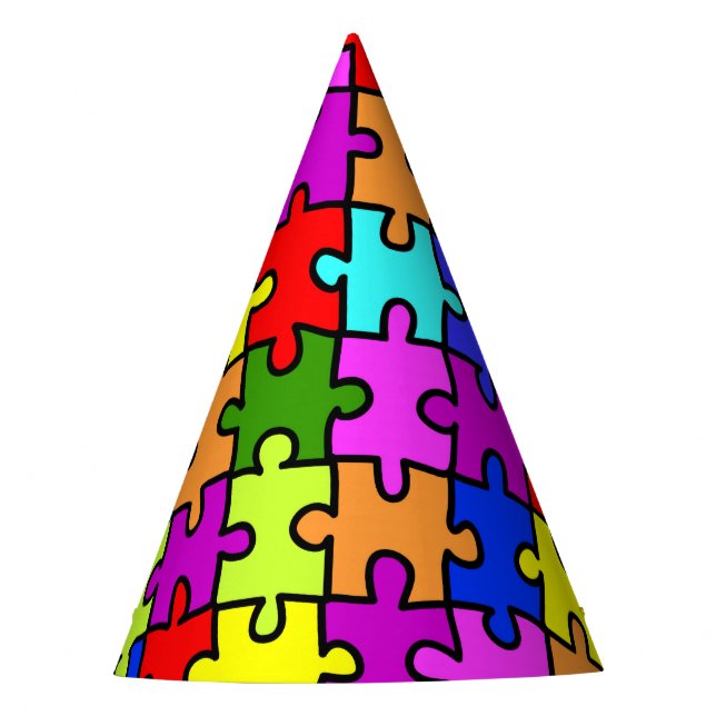 Colorful rainbow jigsaw puzzle pattern party hat (Front)